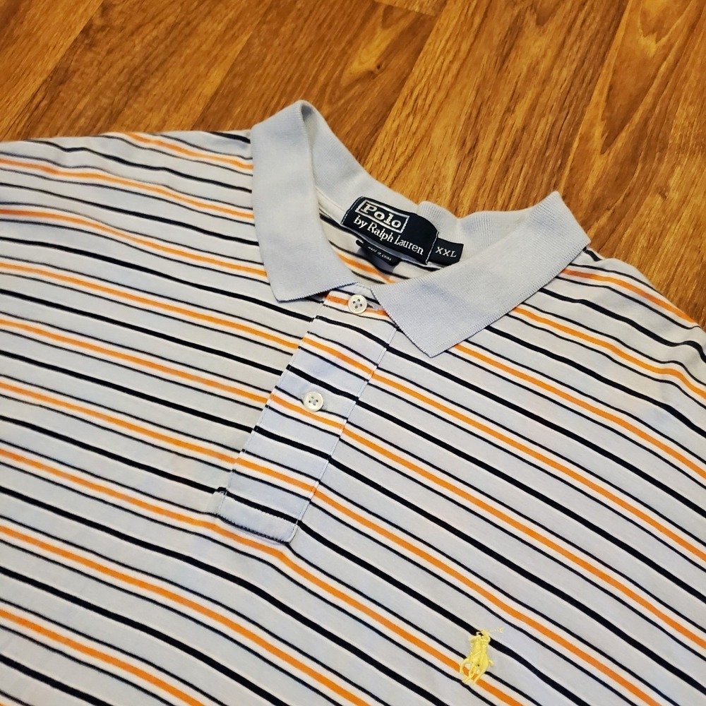 Vtg Polo Ralph Lauren Polo Shirt Men 2XL Gray Striped Classic Fit Preppy‎